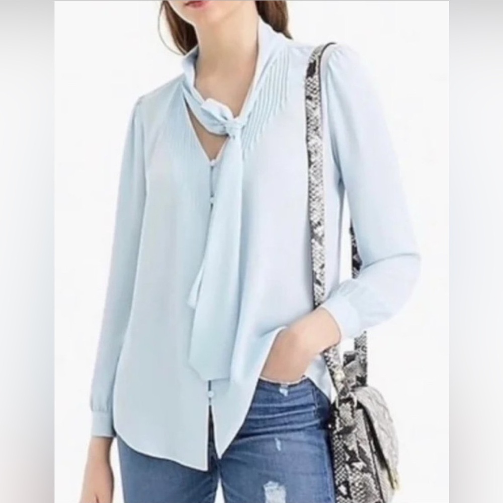 J. Crew Pin-tuck Pleated Drapey Bow Blouse, Baby Blue
